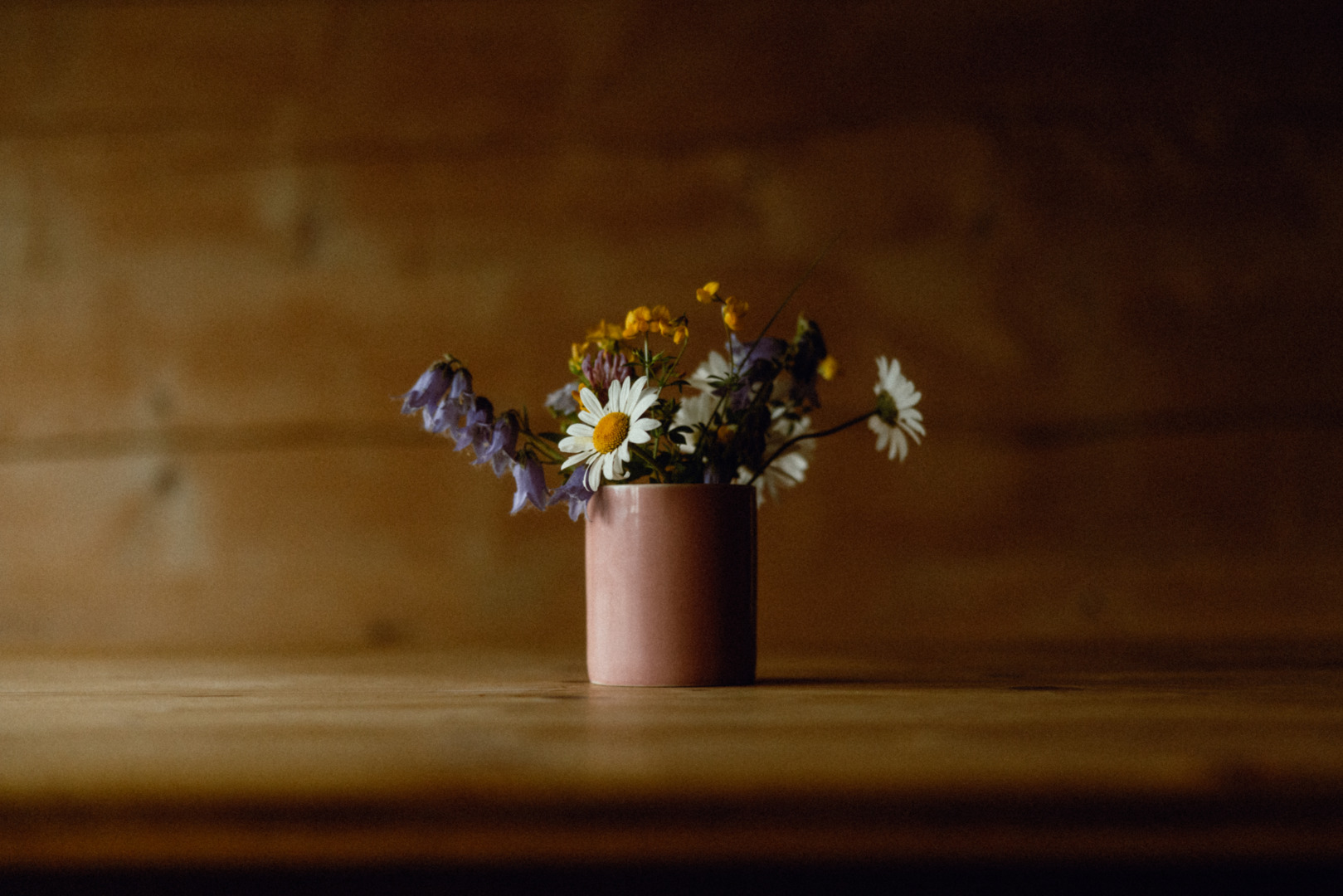 Kleiner Blumenstrauss aus Alpenblumen in Tontopf
