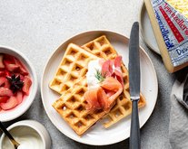 Cheesy Waffles with Appenzeller® Silver Label, Pickled Rhubarb & Smoked Salmon